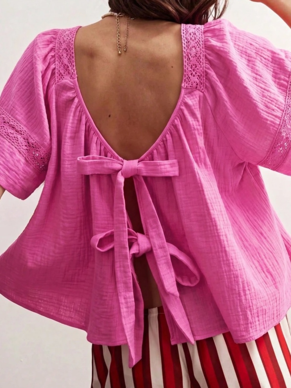 Boho Hot Pink Square Neck Short Sleeve Bow Tie Back Top